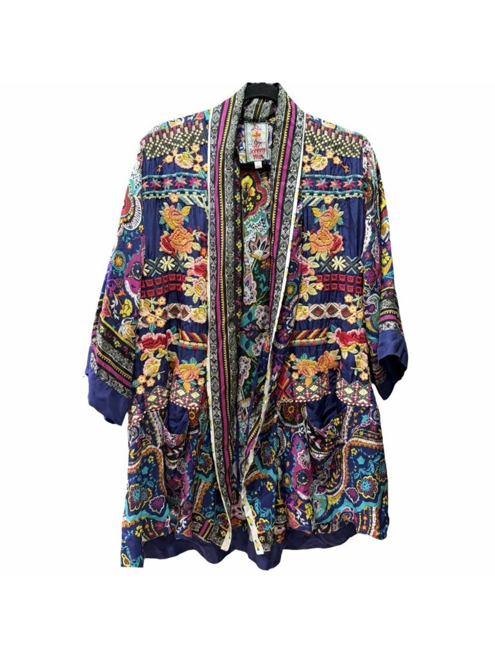 Johnny Was 100%Silk Kimono L Patchwork Floral Embroidered Open Front Boho Jacket